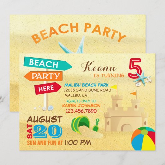 Zand Castle Beach Party Birthday Invitations Kaart (Voorkant / Achterkant)
