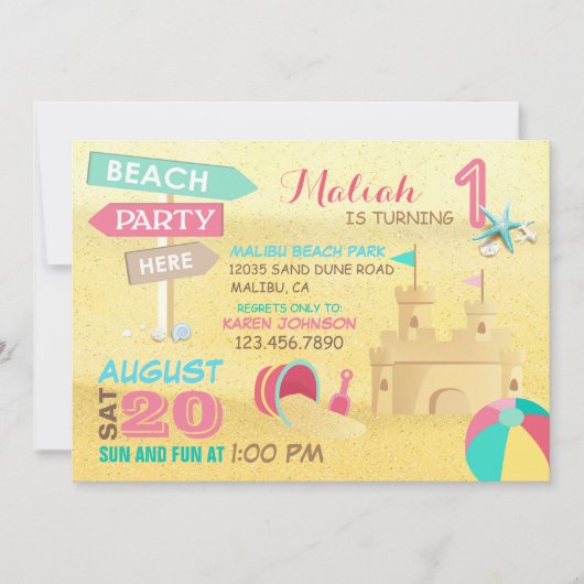 Zand Castle Beach Party Birthday Invitations Kaart (Voorkant)
