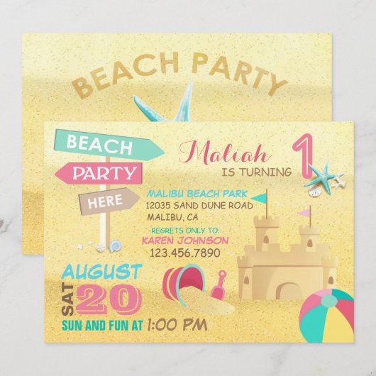 Zand Castle Beach Party Birthday Invitations Kaart (Voorkant / Achterkant)