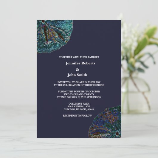 Zand Dollar Art Abstract Blue Beach Bruiloft Kaart (Staand voorkant)