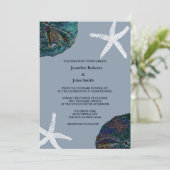 Zand Dollar Art Seashell Dusty Blue Beach Bruiloft Kaart (Staand voorkant)