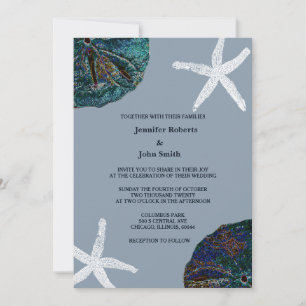 Zand Dollar Art Seashell Dusty Blue Beach Bruiloft Kaart