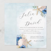 Zand Dollar Blauw Bloemen Strand Bruiloft Uitnodig Kaart (Voorkant / Achterkant)