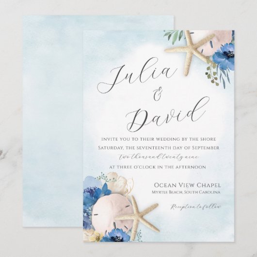 Zand Dollar Blauw Bloemen Strand Bruiloft Uitnodig Kaart (Voorkant / Achterkant)