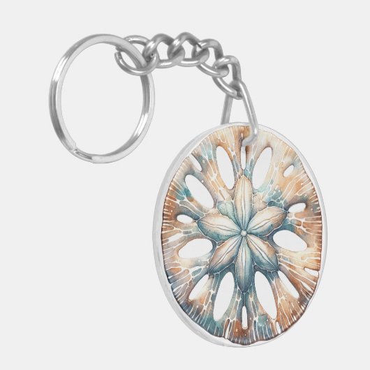 Zand Dollar Ocean Splash Zee Waterverf Bruiloft Sleutelhanger (Voorkant Links)