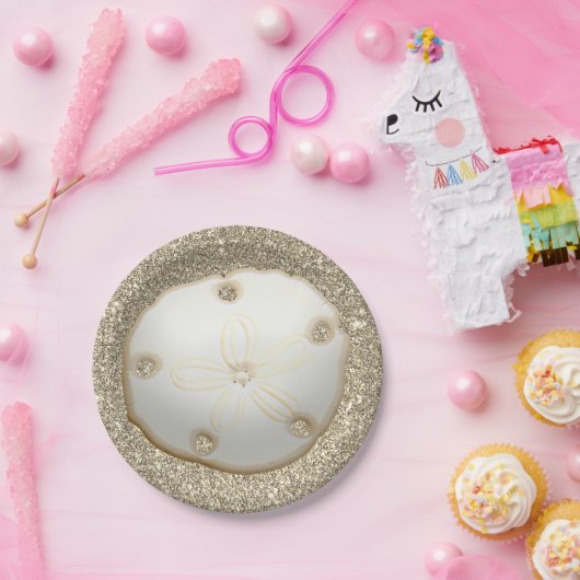 Zand dollar op strand met goudzand papieren bordje (Feest)