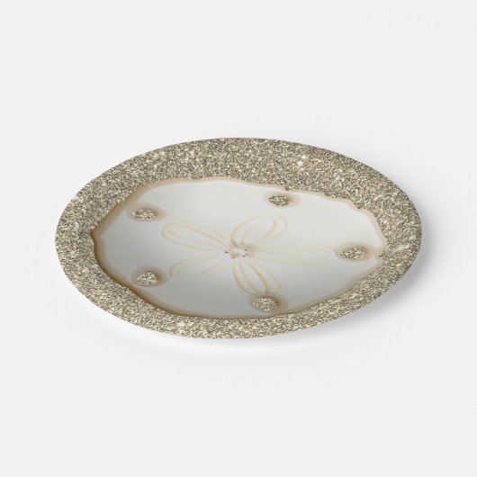 Zand dollar op strand met goudzand papieren bordje (Gekanteld)