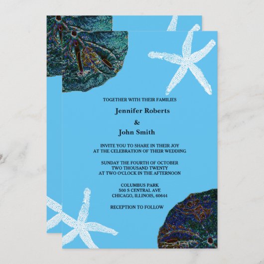 Zand Dollar Sea Shells Abstract Blue Beach Bruilof Kaart (Voorkant / Achterkant)
