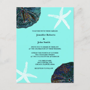 Zand Dollar Sea Shells Blauwgroen Abstract Strand  Uitnodiging Briefkaart