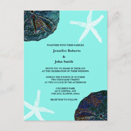Zand Dollar Sea Shells Blauwgroen Abstract Strand  Uitnodiging Briefkaart (Voorkant)