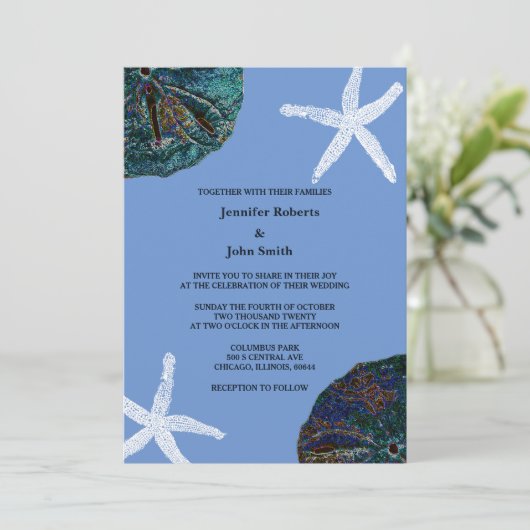 Zand Dollar Seashell Cornflower Blue Beach Bruilof Kaart (Staand voorkant)