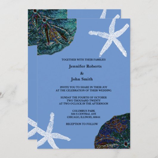 Zand Dollar Seashell Cornflower Blue Beach Bruilof Kaart (Voorkant / Achterkant)