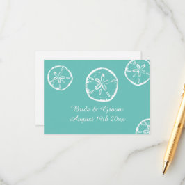 Zand dollar shell blauwgroen en wit strand bruilof informatiekaartje