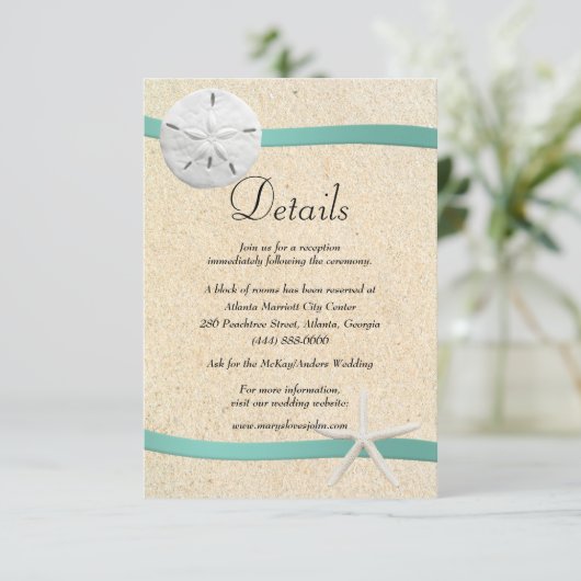 Zand Dollar Strand Bruiloft Details Informatiekaartje (Staand voorkant)