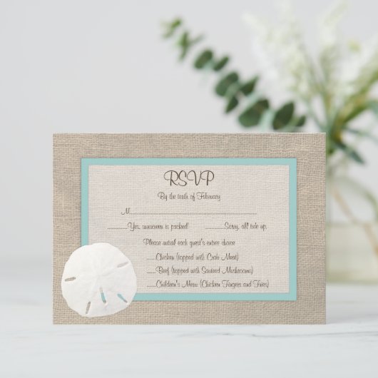 Zand Dollar Strand Bruiloft RSVP Card - Turquoise Kaartje (Staand voorkant)