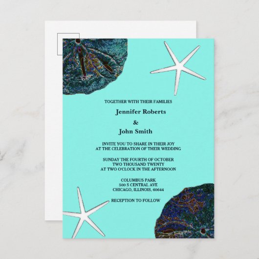 Zand Dollar Zeeschelpen Blauwgroen Abstract Strand Uitnodiging Briefkaart (Voorkant / Achterkant)