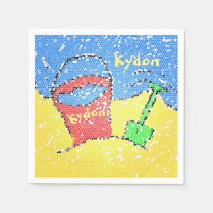 Zand emmer en schep strand geel rood blauw feest servet