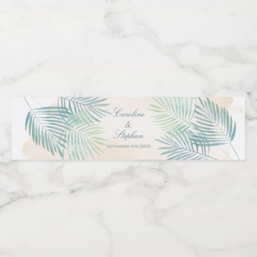 Zand- en palmstrand bruiloft waterfles etiket (Enkel label)