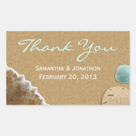 Zand en schelpen strand thema bruiloft dank u rechthoekige sticker