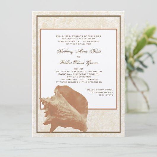 Zand en Shell Ocean Shore bruiloft Kaart (Staand voorkant)