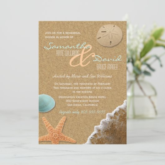 Zand en Shells Beach Repetitie Diner Uitnodigen Kaart (Staand voorkant)