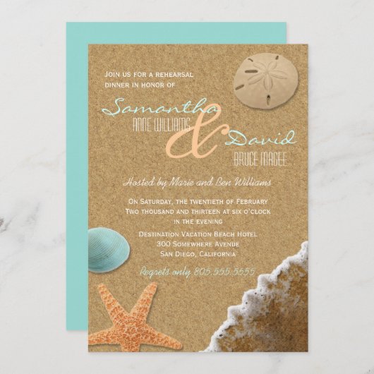 Zand en Shells Beach Repetitie Diner Uitnodigen Kaart (Voorkant / Achterkant)