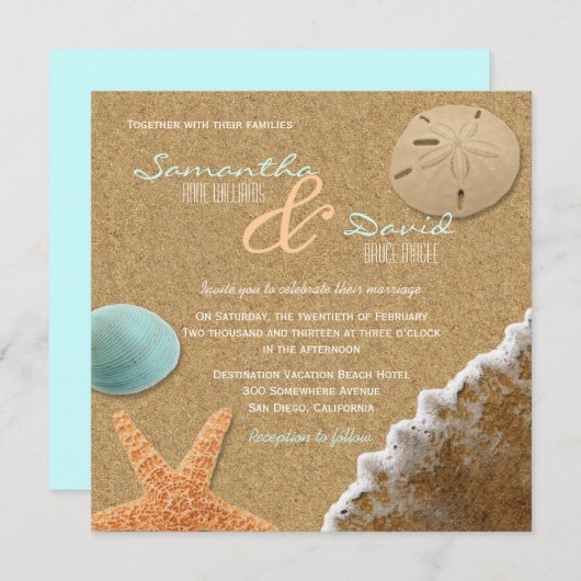 Zand en Shells Beach Square bruiloft uitnodiging (Voorkant / Achterkant)