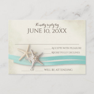 Zand en Starfish Aqua Ribbon Respons RSVP Kaartje