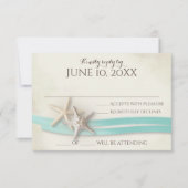 Zand en Starfish Aqua Ribbon Respons RSVP Kaartje (Voorkant)