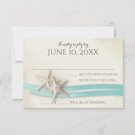Zand en Starfish Aqua Ribbon Respons RSVP Kaartje (Voorkant)