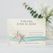 Zand en Starfish Aqua Ribbon Respons RSVP Kaartje (Staand voorkant)