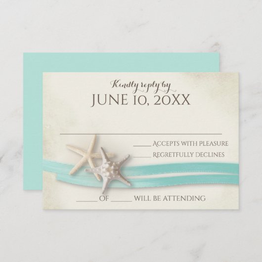Zand en Starfish Aqua Ribbon Respons RSVP Kaartje (Voorkant / Achterkant)