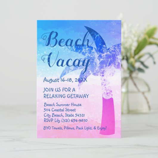 Zand en Zee Palm Tree Beach Getaway Uitnodiging (Staand voorkant)