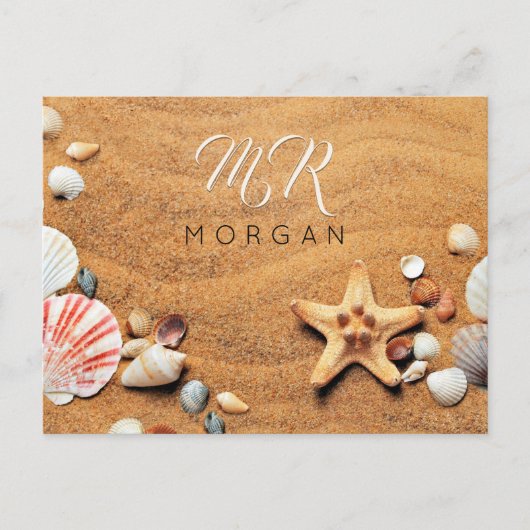 Zand en zee schelpen, naam en monogram, wit script briefkaart (Voorkant)