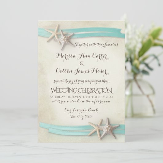 Zand en zeester Aqua Ribbon Kaart (Staand voorkant)