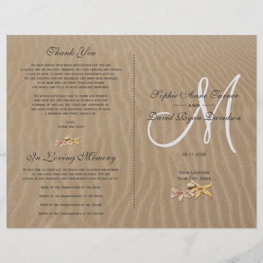 Zand en zeesterren strand bruiloft programma chic flyer (Voorkant)