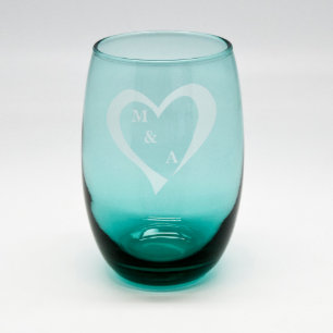 Zand Etched Aqua Heart Stemless Wine Glass