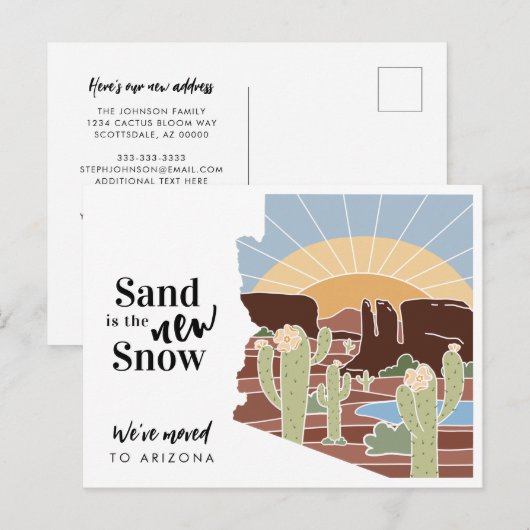 Zand is het Nieuwe Nieuwe Adres van SneeuwArizona Aankondigingskaart (Voorkant / Achterkant)