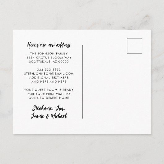 Zand is het Nieuwe Nieuwe Adres van SneeuwArizona Aankondigingskaart (Achterkant)