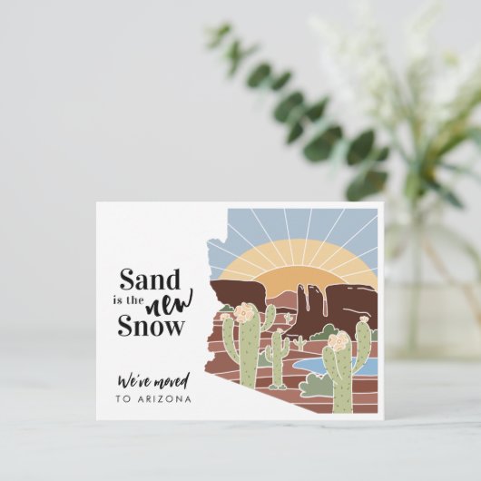 Zand is het Nieuwe Nieuwe Adres van SneeuwArizona Aankondigingskaart (Staand voorkant)