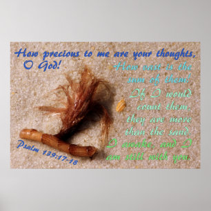 Zand met psalm 139:17-18 poster