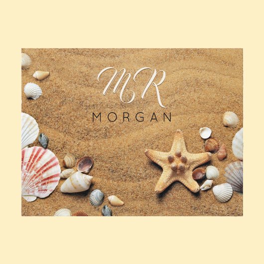 Zand & Schelpen, Naam & Monogram, Witte Schrift Briefkaart