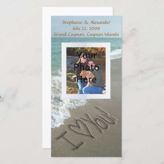 Zand schrijven op het strand, ik hou van jou aankondiging (Voorkant / Achterkant)