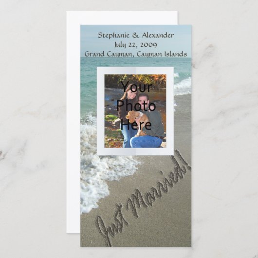 Zand schrijven op het strand, net getrouwd aankondiging (Voorkant / Achterkant)