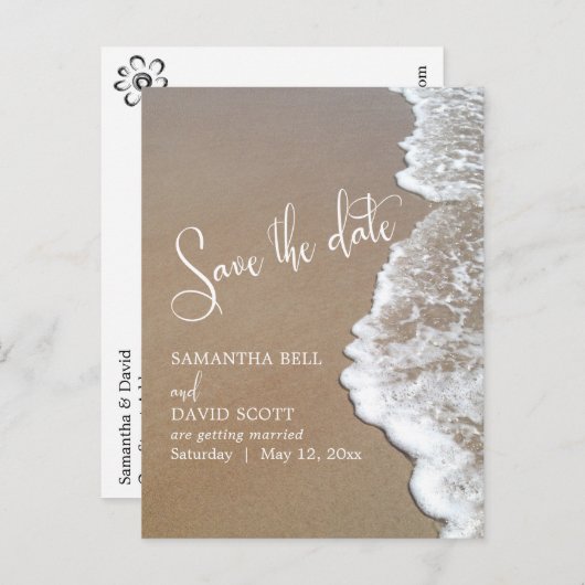 Zand & Schuim Strand Bruiloft Save the Date 1b Aankondigingskaart (Voorkant / Achterkant)