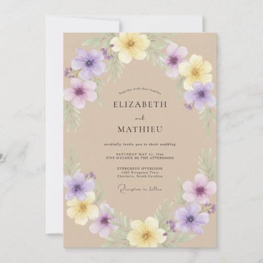 Zand Violet Wilde Bloemen Bruiloft Kaart (Voorkant)