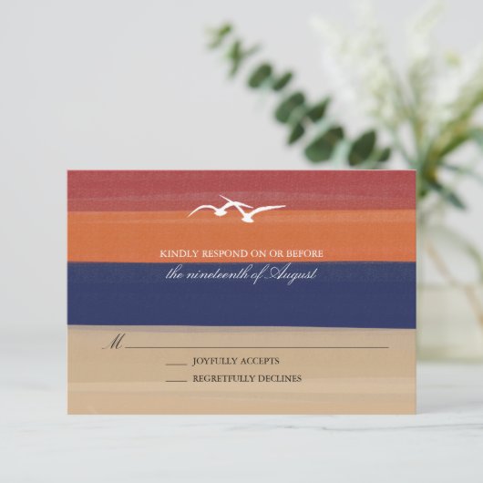 Zand, Zee & meeuwen | Geschilderde oceaan bruiloft RSVP Kaartje (Staand voorkant)