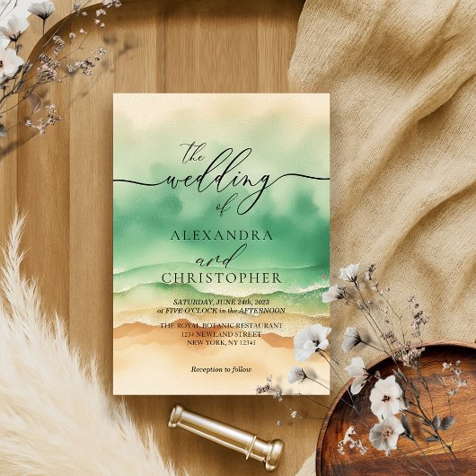 Zand Zee Ocean Beach Waterverf Zomerhandtekening Kaart