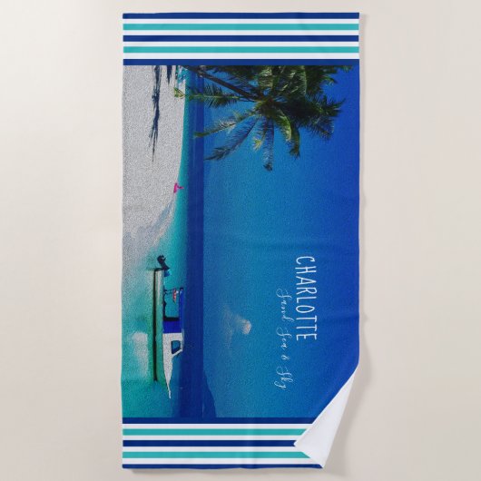 Zand Zee Sky Palm Tree Tropisch strand Gepersonali Strandlaken (Voorkant)