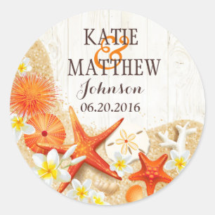 Zand Zeeschelpen Bloemen Rustiek Strand Bruiloft L Ronde Sticker